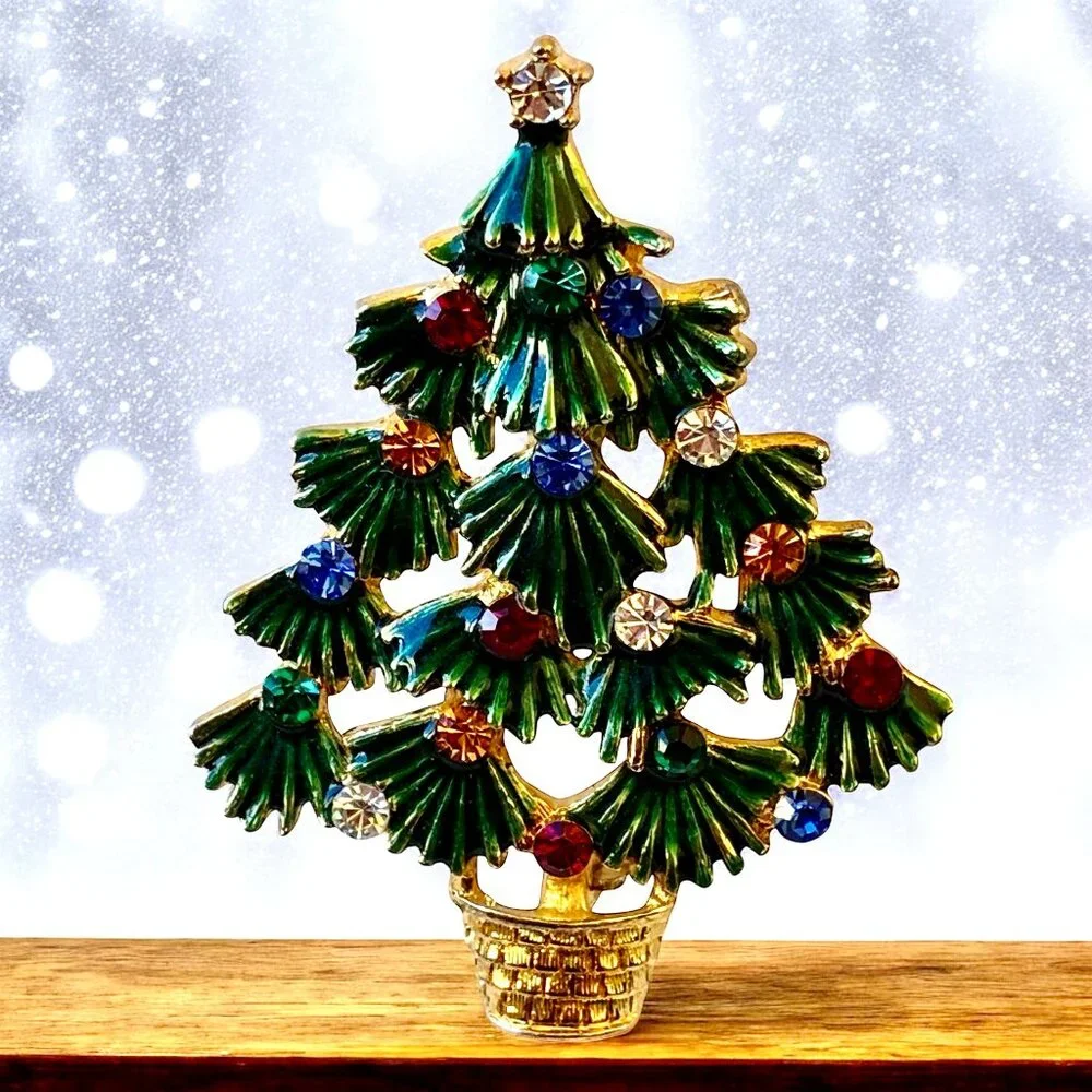 EISENBERG ICE Vintage Christmas Tree Brooch Green Enamel & Rhinestones Signed